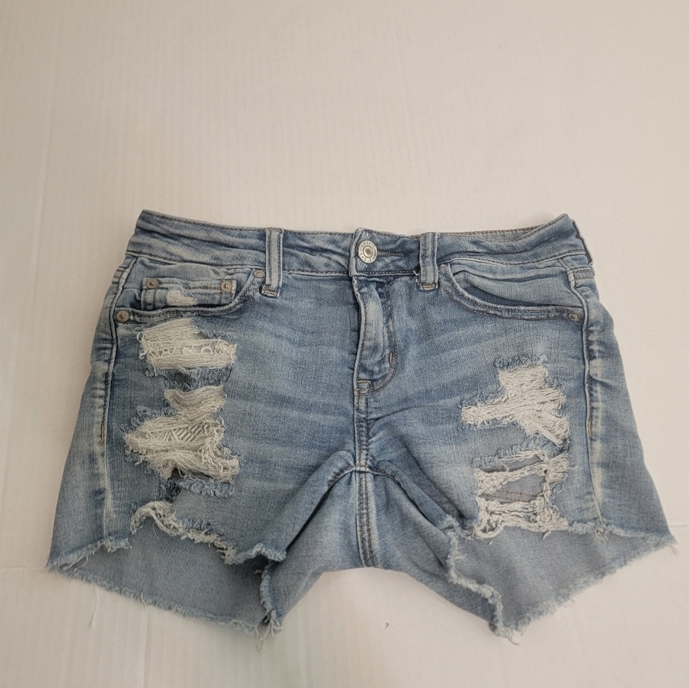 American Eagle Midi Jean Shorts Sz 4 Distressed Stretch Beach Festival